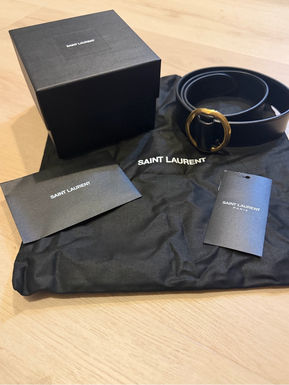 Saint Laurent Black Leather Belt with Gold Buckle